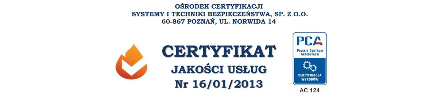 Certyfikat jakości usług przeciwpożarowych SITP Sp. z o.o.